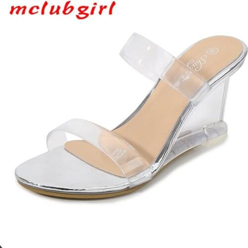 Mclubgirl 2020 New Women Clear Heels Wedge Sandals Womens Summer Sexy Crystal Transparent Pumps with Wedge Drag LFD