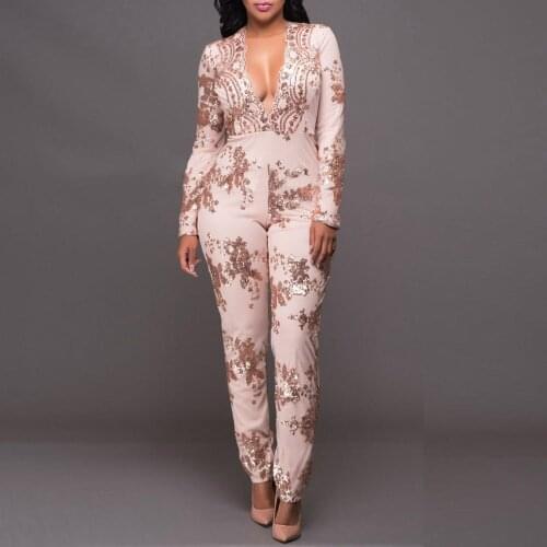 New Fashion Sexy Slim V-Neck Bodycon Bandage Playsuit Khaki Zipper Sequined Women Bodysuit Bandage Jumpsuits Pencil Pants