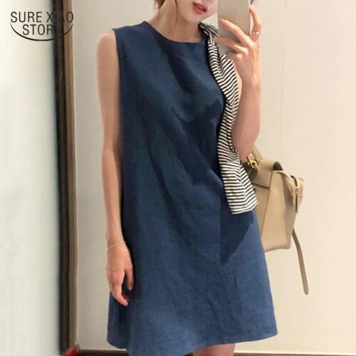 2021 O Neck Solid Summer Dress Vestidos Korean Style Cotton Linen Midi Skirts Casual Sexy Plus Size Knee Length Dress Women 9864