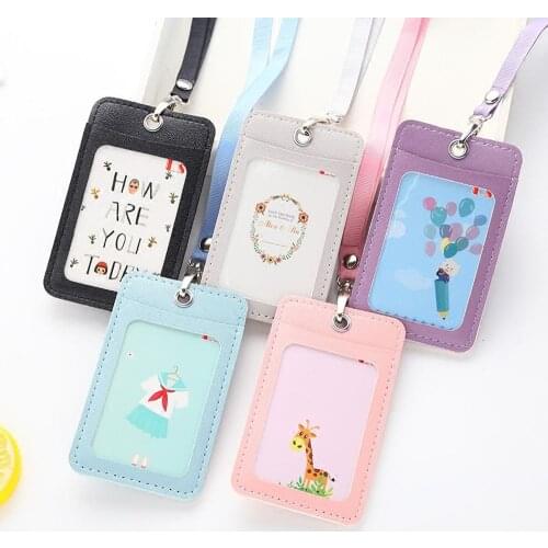 1pc Leather Card Holder Neck Strap with Lanyard Badge Holder Staff Identification Card Bus ID Holders Kawaii Stationary Gifts