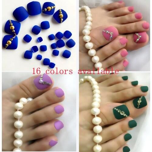 24Pcs custom Rhinestone Art acrylic toe false nail tip16 colors available foot Fake Nail Manicure art decoration toenail beauty