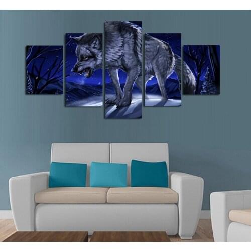 5 Pieces The Wolf Moonlight Night Modular Pictures Home Decor Wall Pictures For Living Room Modern Art Painting on Canvas Poster