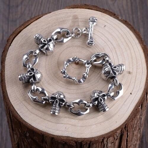 Apinje 925 Sterling Silver Skull Bracelet Men Bracelet Punk Fashion Biker Mens Jewelry