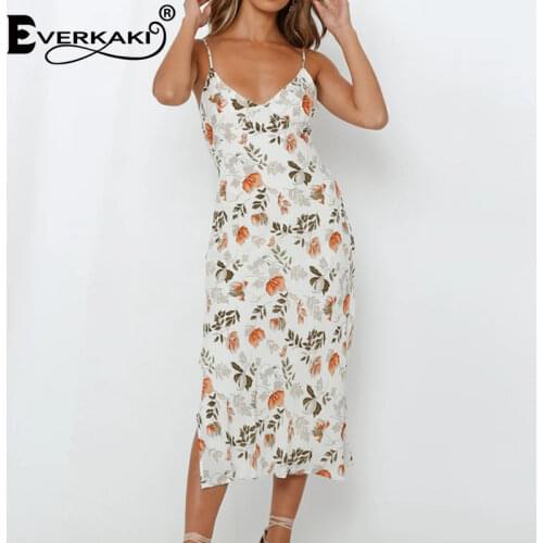 Everkaki Boho Floral Print Chiffon Midi Dress Women Summer Beach Sexy Back Bowknot Party Long Strap Dresses Vestidos Female 2021
