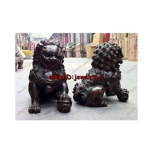 Folk Collection Door fengshui Bronze Guardion Lion Foo Fu Dogs Old Statues 16cm