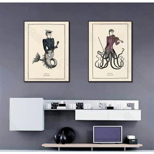 European Style Canvas Vintage Pictures Funny Sea Monster with Musical Instruments Painting Poster for Home Rooms Wall Decoration