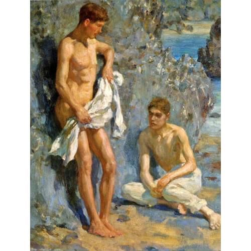 GAY Oil painting Henry Scott Tuke nude young boys after bathing by beach view