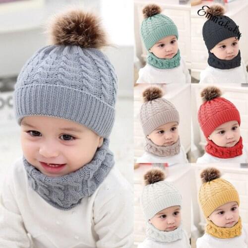 Emmababy Cute Sweet Kids Hats 0-3Y 2Pcs Toddler Baby Boys Girls Winter Warm Hats Caps Fur Pom Bobble Knit Beanie Hats and scarf