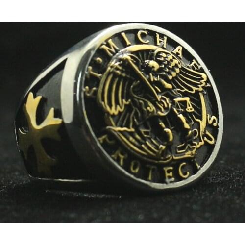 Men Boy 316L Stainless Steel Saint Michael Protect US Cross Ring
