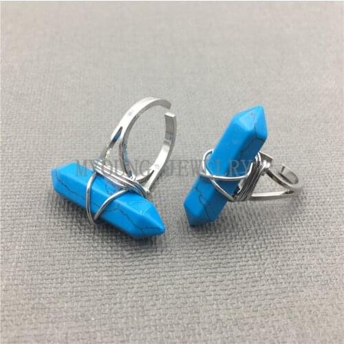 MY0522 Healing Stone Blue Howlite Point Ring Silver Plated Wire Wrapped Ring for women