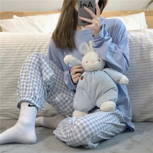 Pijamas Women Cotton Home Suit Loungewear Plaid Trousers Pijamas Femme Nightie Ladies Pyjamas Suit Korean Pjs Set