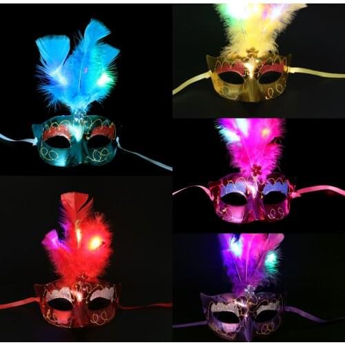 Halloween Glowing Feather Mask Ball Led with Light Half Face Mask Childrens Toy Ball Wedding Party Event Performance Props