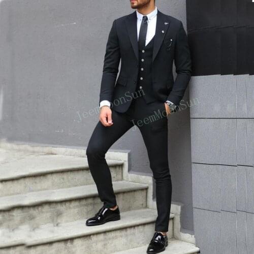 Terno Masculino New 3 Pieces Black Two Button Mens Suit 2021 Slim Fit Tailor Made Groom Wear Wedding Business Tuxedos Blazer