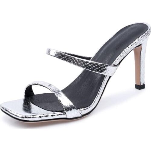 SmallHut New Summer Women Snake Slippers Sexy Ladies High Thin Heels Female Black Silver White Colors Open Toe Mules Shoes M127