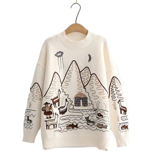 Women Sweater Korean College Style Cartoon Embroidery Winter Knitted Pullovers Loose Long Sleeve O-Neck Jumper Mujer Tops