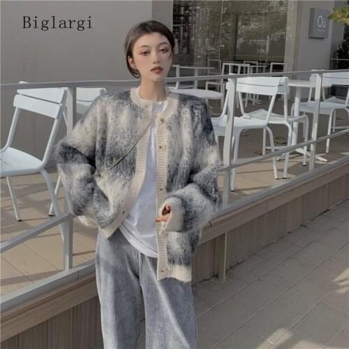 Autumn Winter Cardigan Knitted Sweater Women Tie Dye Lazy Oaf Loose Jumpers Ladies Korean Casual Gilet Femme Manche Longue 2021