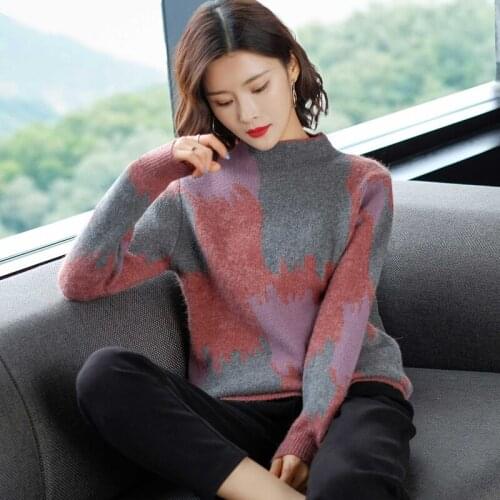 Winter Fall Fashion Women Female Turtleneck Patchwork Blue Red Knit Sweaters and Pullovers , Womens Loose Pullover Sweater