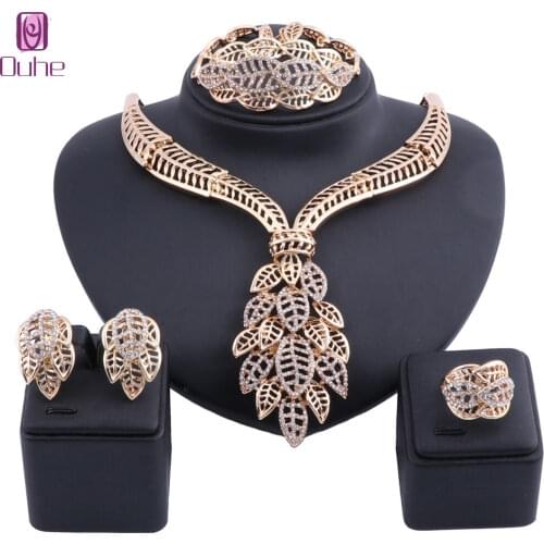 Women Gold Color Crystal Jewelry Set For Wedding Fashion Necklace Earrings Bracelet Rings Sets Dress Accessories
