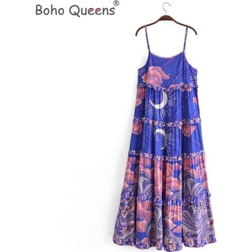 Boho Queens Women star floral print sleeveless beach Bohemian strap dresses Ladies Summer rayon maxi dress vestidos