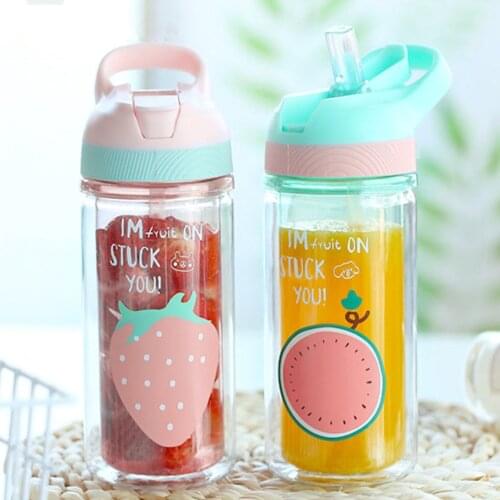 500ml Large Capacity Straw Glass Water Bottle Adult Children Cute Watermelon Strawberry Portable Transparent Juice Drink Glass
