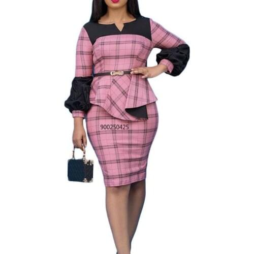 African Dress Womens Office Lady Sexy Grid Patchwork African Dresses for Women Plus Size Long Sleeve Bodycon Africa Clothing