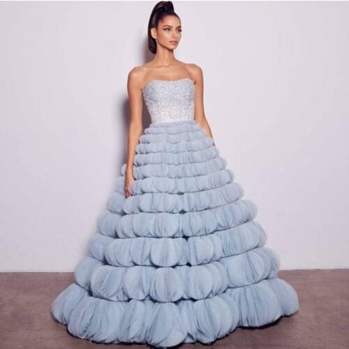 2020 Shining Beaded Dresses Women Tulle Dress Ball Gown Tiered Custom Made Puffy Prom Party Gown Girls Formal Dress