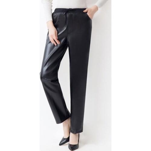 Thoshine Brand Winter Women Leather Pants Lining Thick Fleece Full Long Length Female PU Faux Leather Trousers Warm Straight Fit