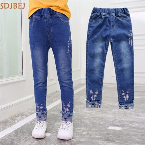 2018 Baby Girls Jeans 3D Cartoon Kids Jeans Spring Autumn Lovely Cat Children Pants Casual Trousers For Kids Cute Girls Pants