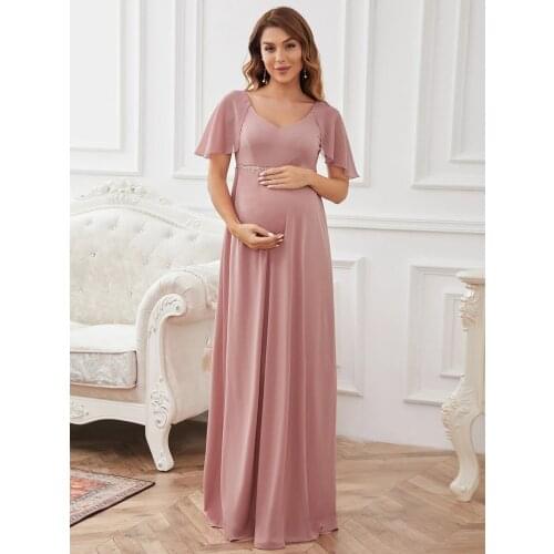 V Neck Floor Length Ruffle Sleeves Wholesale Maternity Dresses