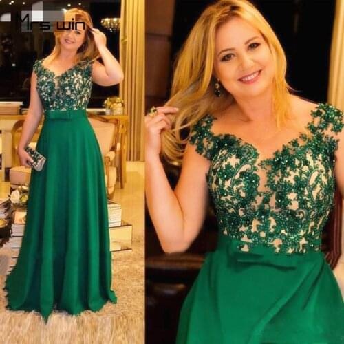 Mrs win Evening Dress Elegant Green Applqiues Lace Evening Dresses Sleeveless For Girls Plus Size Formal Party Dresses HR392