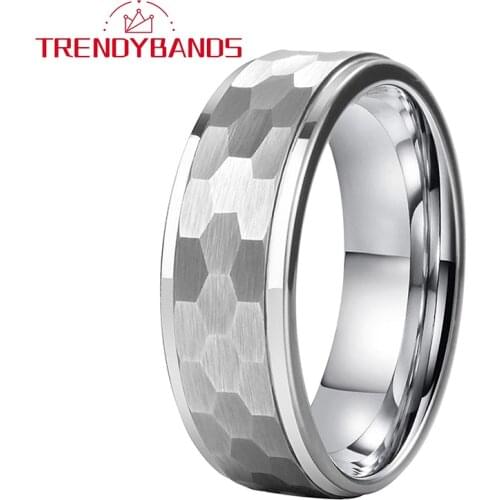 8MM Hammered Mens Tungsten Carbide Rings Womens Wedding Bands Stepped Edges Brushed Finish Comfort Fit
