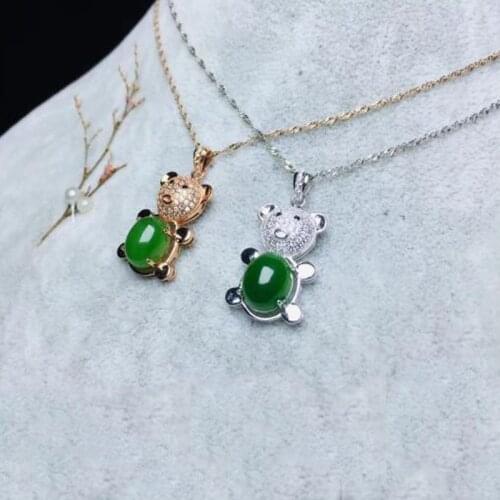 Natural Hetian Jasper Little Bear Pendant 925 Silver For Womens Charms Jewelry Christmas Gift Gold & Chain 2pcs