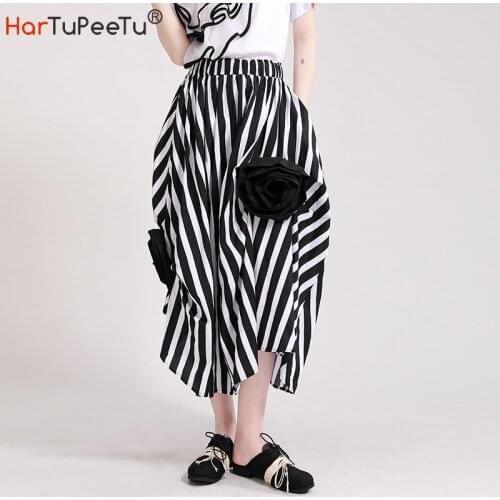 Striped Skirt Midi Women Summer 2021 with 3D Bud Decorate Irregular Shirring Design 3 Colours Plus Size Loose Vestido Mujer