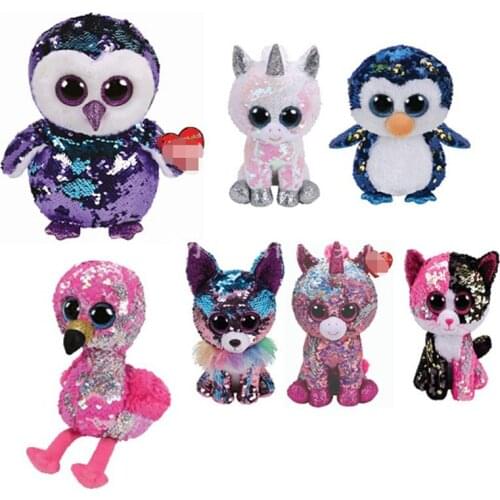 Hot Sale Ty Big Eyes Animal Toys Sequined Two Color Owl Dinosaur Unicorn Cat Flamingo Soft Stuffed Plush Toy Gift Kid 15cm