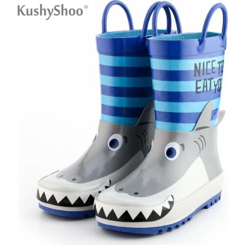 KushyShoo Rain Boots Kids Waterproof Childrens Rubber Boots 3D Cartoon Shark Printed Toddler Boy Rainboots Kalosze Dla Dzieci