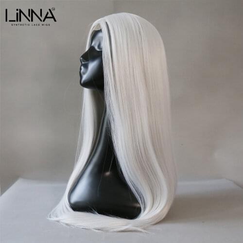 LINNA Silver Grey Synthetic Lace Wig For Women Long Straight 26 Inch High Temperature Fiber Wigs Can Be Permed Cosplay Wig