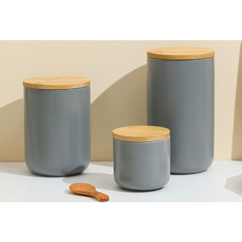 Nordic Gray Storage Jars Kitchen Sealed Ceramic Storage Jar Spice Container Salt Storage Bottle With Bamboo Cover Coffee Tea Jar