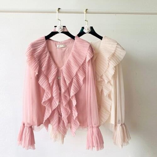 Beaded Vintage Mesh Solid Women Shirts Summer New Design 2021 V-Neck Ruffles Flare Sleeved Slim Elegant Office Lady Outwear Tops