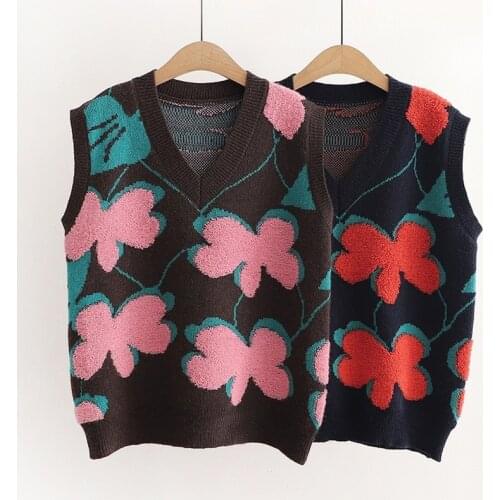 Retro three-dimensional flower jacquard knitted vest women loose v-neck autumn and winter sleeveless pullover all-match