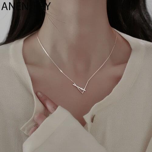 ANENJERY 925 Sterling Silver V-shaped Geometric Necklace for Women Simple Clavicle Chain Necklace Gifts S-N753