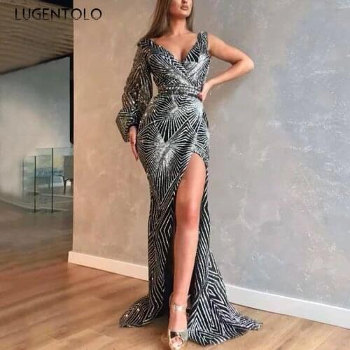 Sexy Dress Women Party Slim One-shoulder V-neck Dresses Ladies Summer Backless Dinner Thin Elegant Long Dress Lugentolo