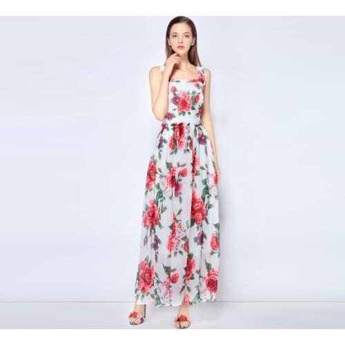 High Quality 2020 Summer Casual Style A-Line Square Collar Spaghetti Strap Sleeveless Flower Print Ankle-Length Long Dress Women