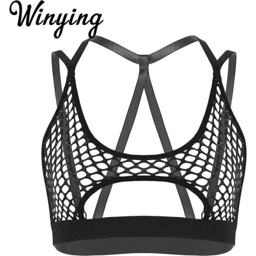Womens Sexy Lingerie Erotic Tops Hollow Fishnet Elastic Spaghetti Straps Crisscross Back Cutout Vest Crop Tops Rave Clubwear