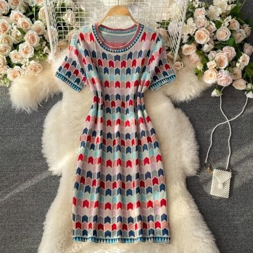 Sweet Ladies Summer Vintage O-Neck Striped Knitted Dress Runway Women Short Sleeve Package Hip Elasticity Pullover Sweater Dress