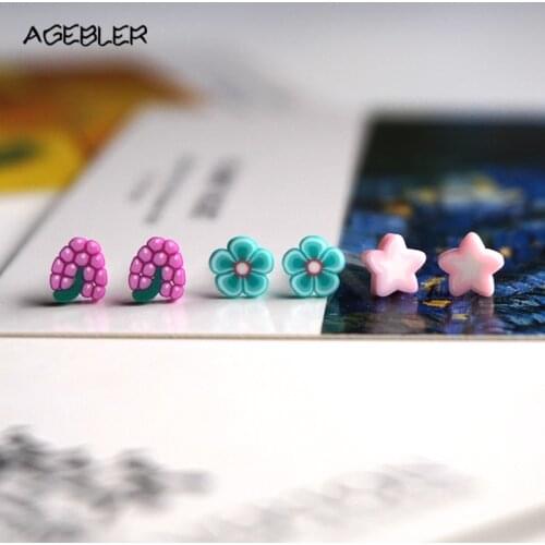 AGEBLER 3 Pairs/lot Grape Stud Earings Cute Jewelry for Girls Earrings Small Pink Star Pattern Party Jewelry Wholesale Gift P14