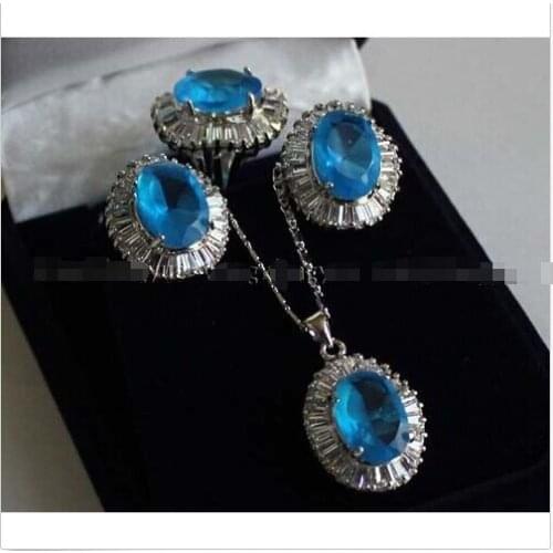 Free shipping New style Natural noble jewelry>>>>Blue Zircon Link pendant necklace /earrings /ring set