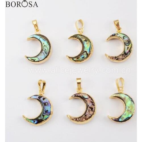 BOROSA 10PCS Gold Color Crescent Natural Abalone Shell Pendant Moon Shape Connector Double Charms Jewelry G1767 G1768 G1769