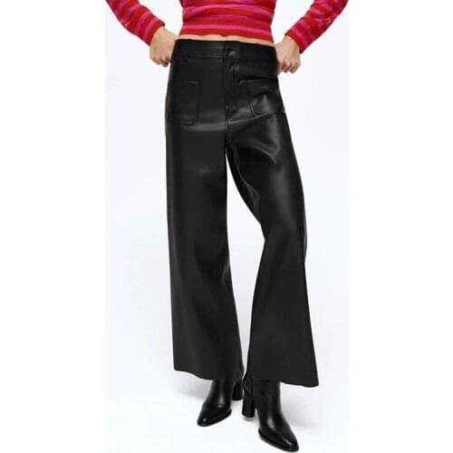 Za Womens PU Pants Faux Leather Trousers Wide Leg High Waist Pant Ladies Fashion Streetwear Pant Autumn Solid Woman Pant TRF