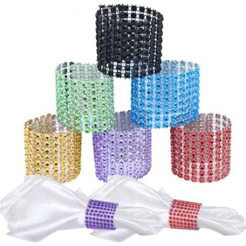 Home Kitchen Supplies 50pcs/Bag 8 Row Mesh Bow Covers With Closure Bling Napkin Ring Diamond Rhinestone Wedding Chair Sashes Bow