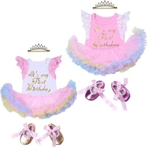 Its My 1st Birthday Outfits Baby Girls Short Sleeve Lace Ruffles Tutu Dress+Headband+Shoes Sets Toddler Girl Dresses for 1 Year